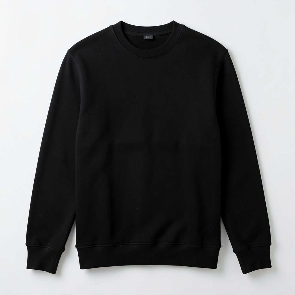Black crewneck sweatshirt with minimalist silhouette design, soft textured fabric