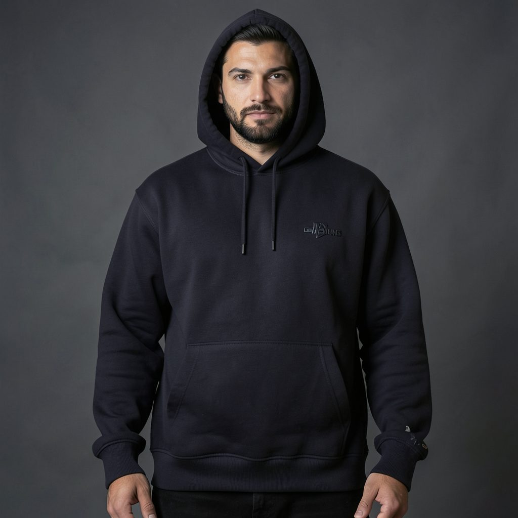 Dark hooded sweatshirt with subtle brand detailing, moody streetwear vibe