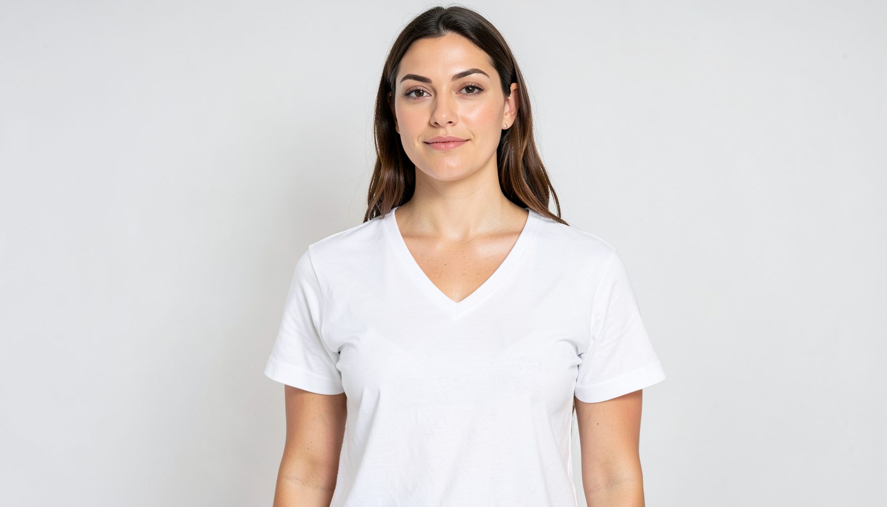 A women's v-neck tee in crisp white, soft cotton look, clean and minimal