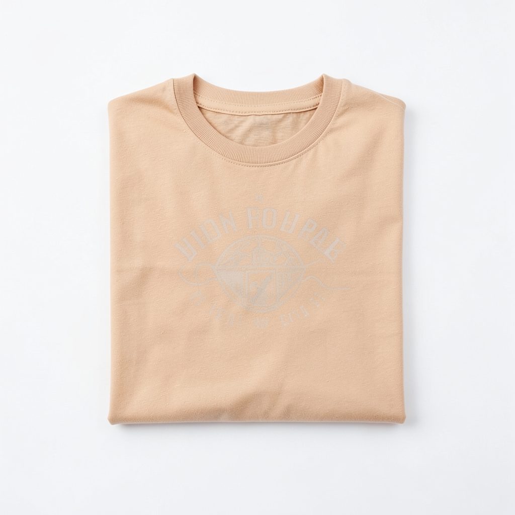 A tan t-shirt with a subtle graphic print, folded neatly on a clean white background
