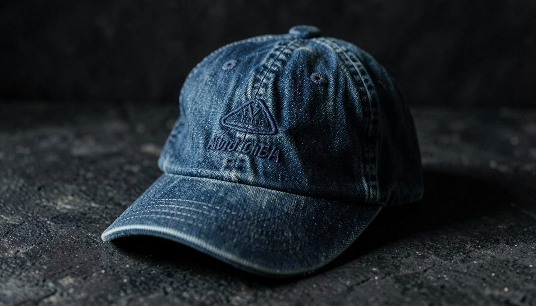 A denim baseball cap with subtle branding, resting on a dark textured surface with moody lighting