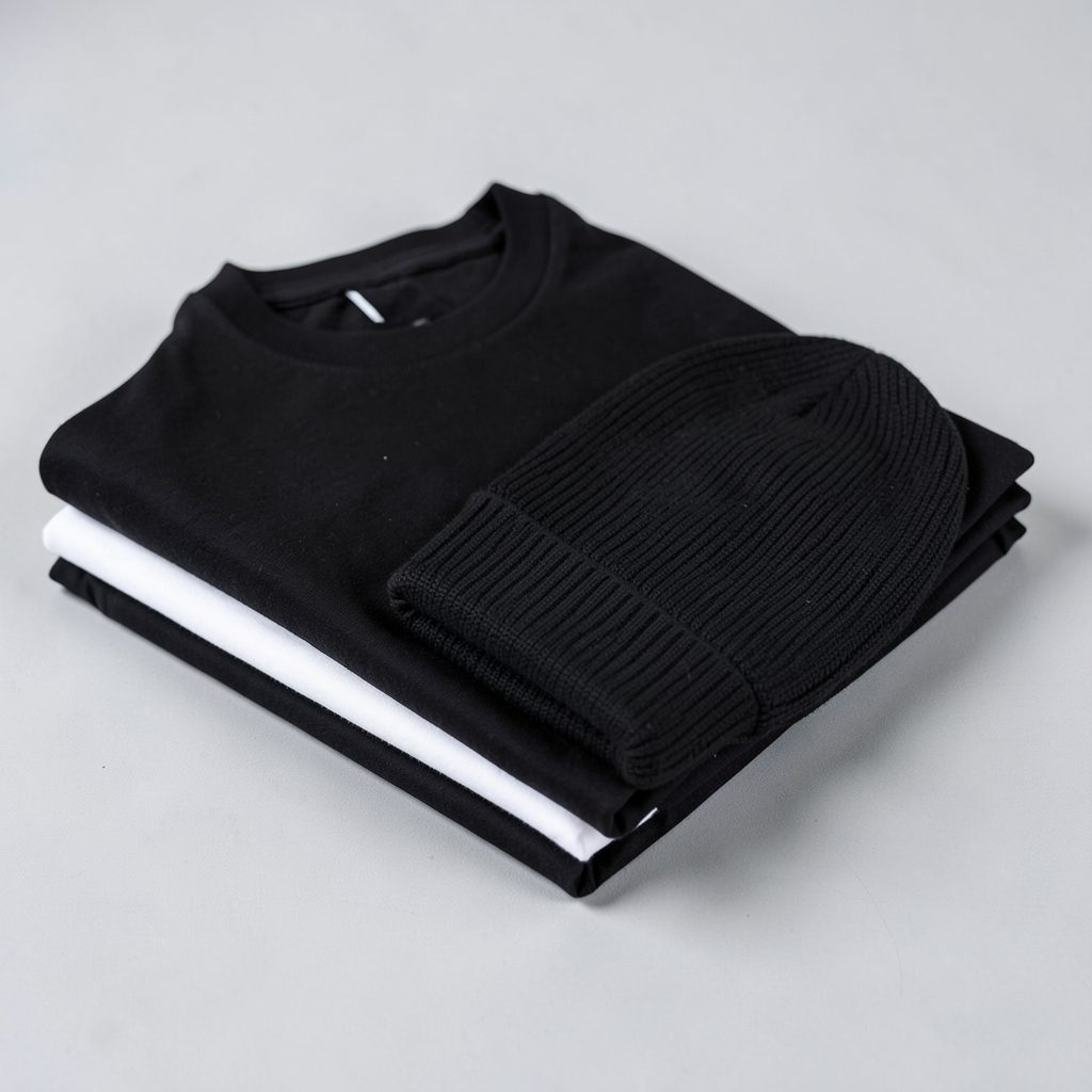 Folded stack of plain black and white cotton t-shirts and a knit beanie arranged neatly on a light gray surface