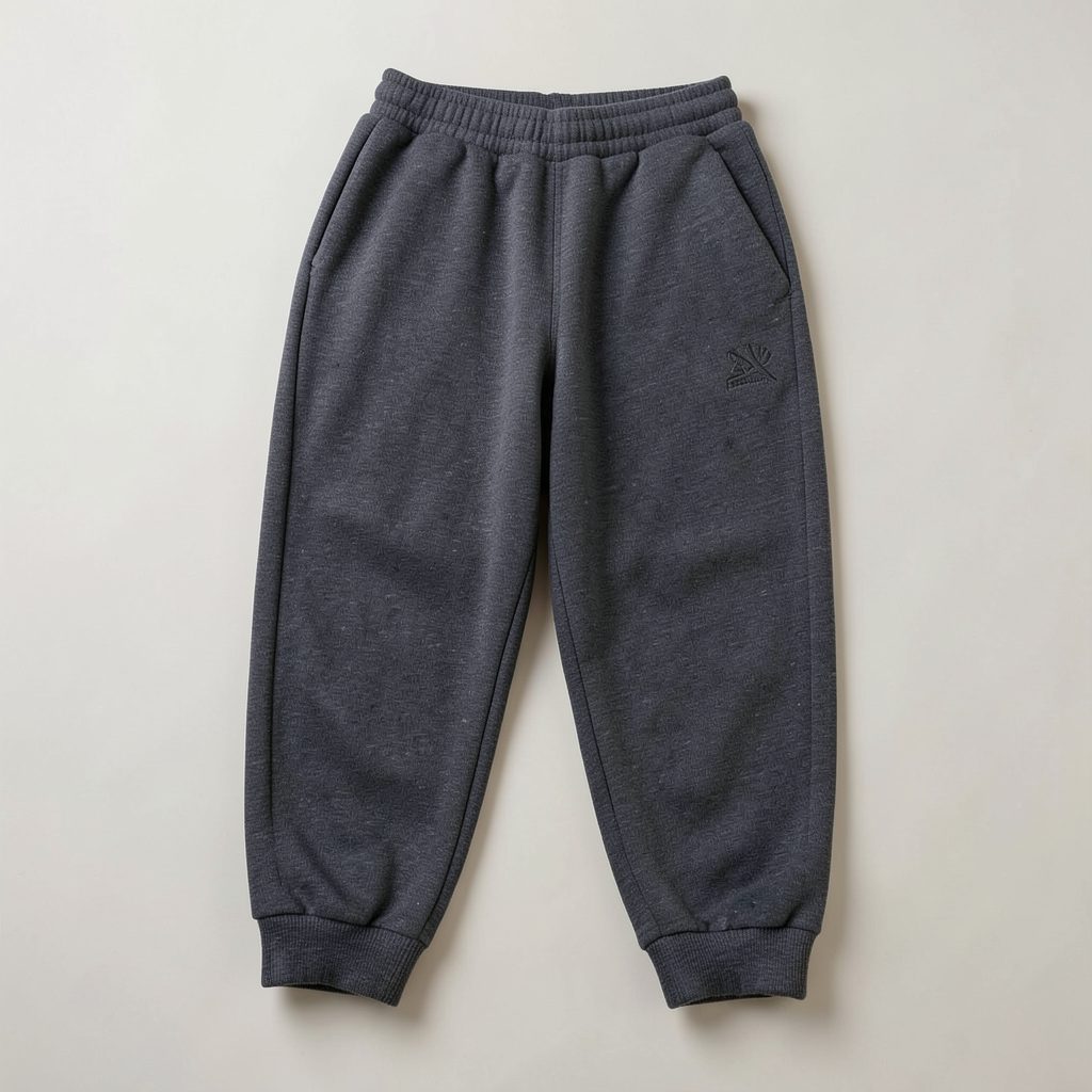 Dark heather grey sweatpants with a subtle logo detail, laid flat on a clean neutral surface, casual and comfortable streetwear style