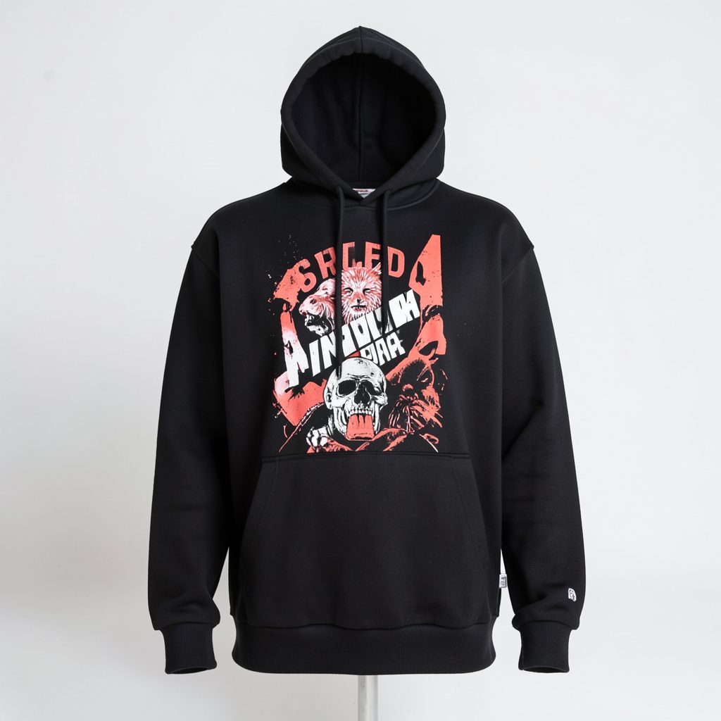 Black pullover hoodie with bold graphic, streetwear style against a clean backdrop