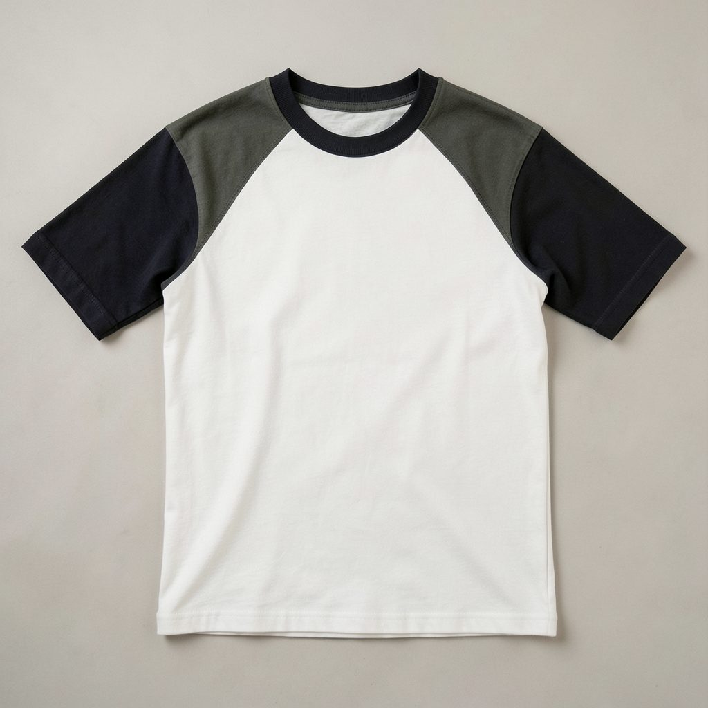 A raglan-style t-shirt with contrasting sleeves in a casual streetwear look, laid flat on a neutral surface