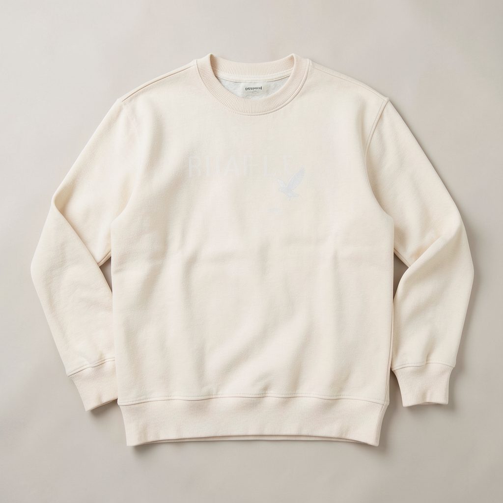 Cream sandstone crewneck sweatshirt with subtle graphic, laid flat on a neutral surface