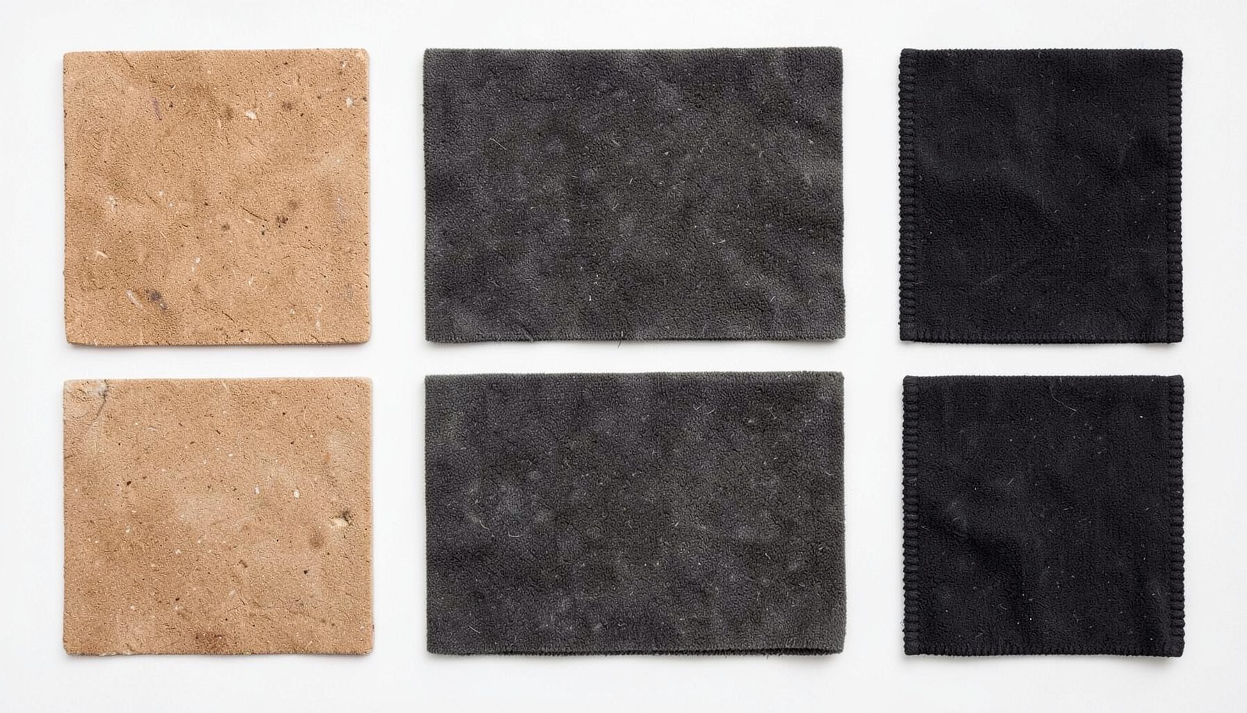 Warm sandstone and charcoal fabric swatches arranged in a subtle grid, streetwear-inspired aesthetic