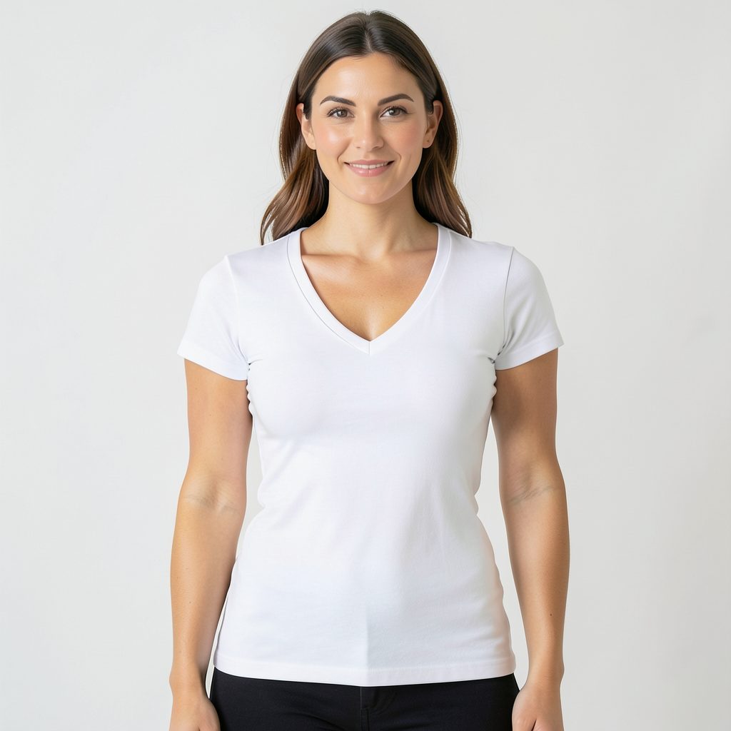 Women's v-neck tee in crisp white, flattering fitted silhouette