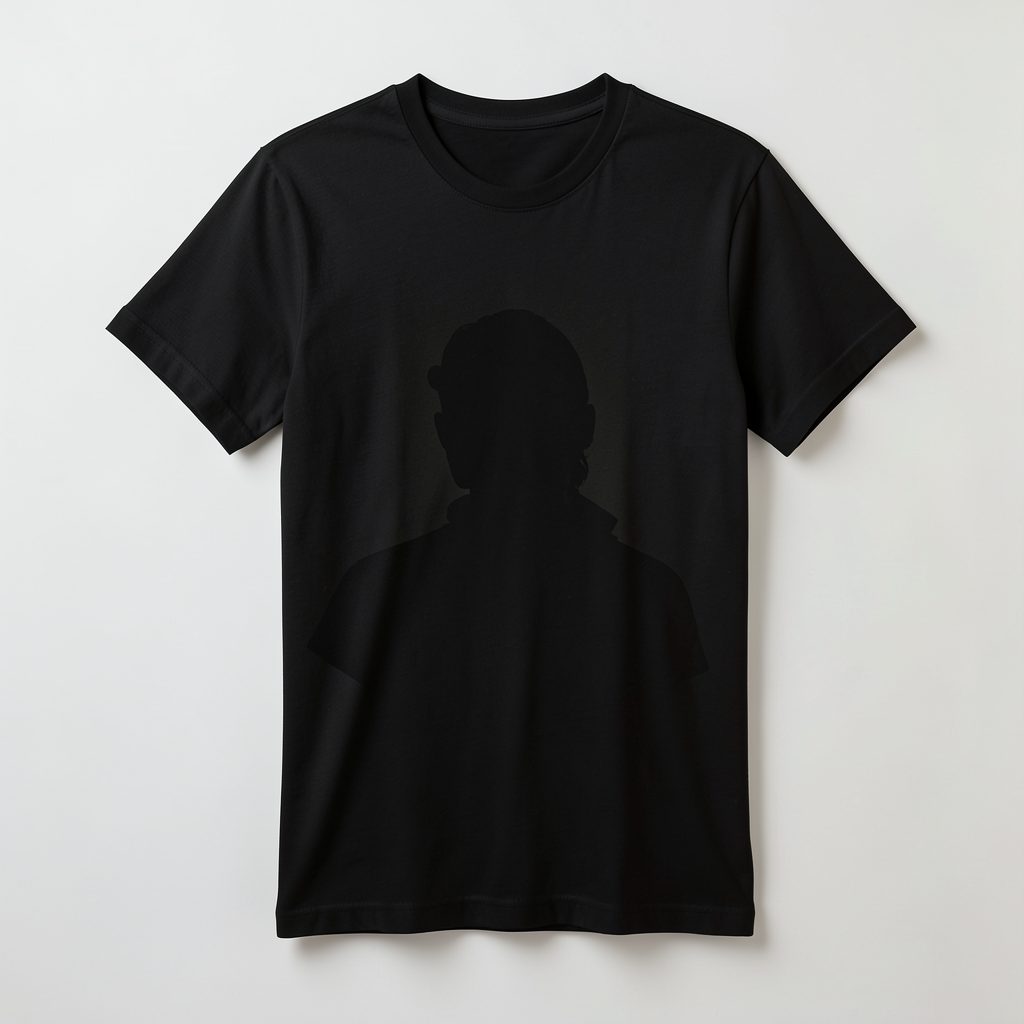 A black t-shirt with a silhouette-style design, shown against a light studio backdrop