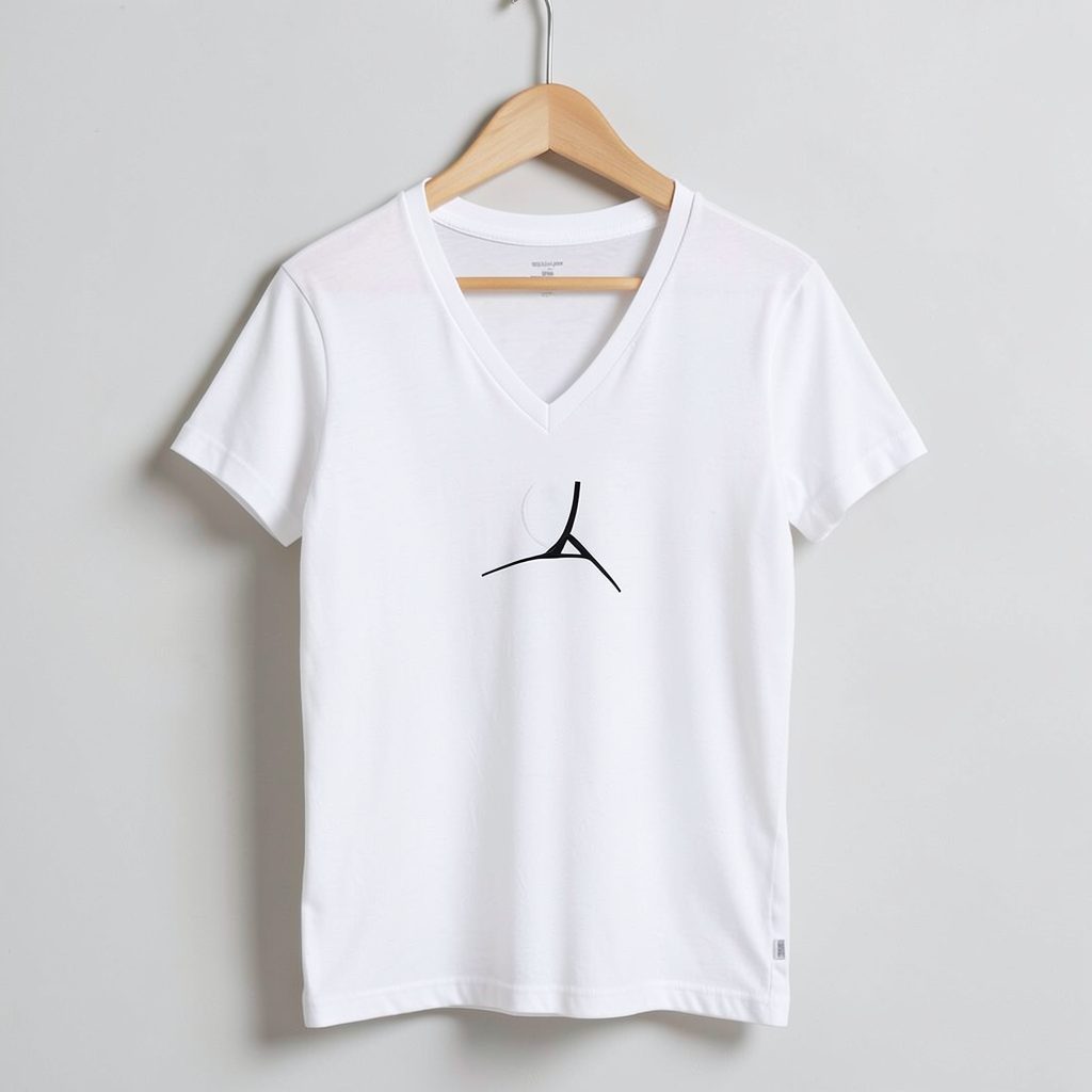 A women's v-neck tee in white with a clean, minimal graphic, draped over a hanger