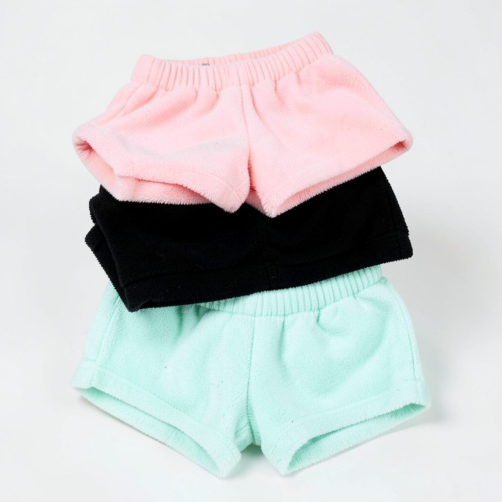 Soft fleece shorts in pastel pink, black, and mint colorways stacked together, bright and playful against a light background