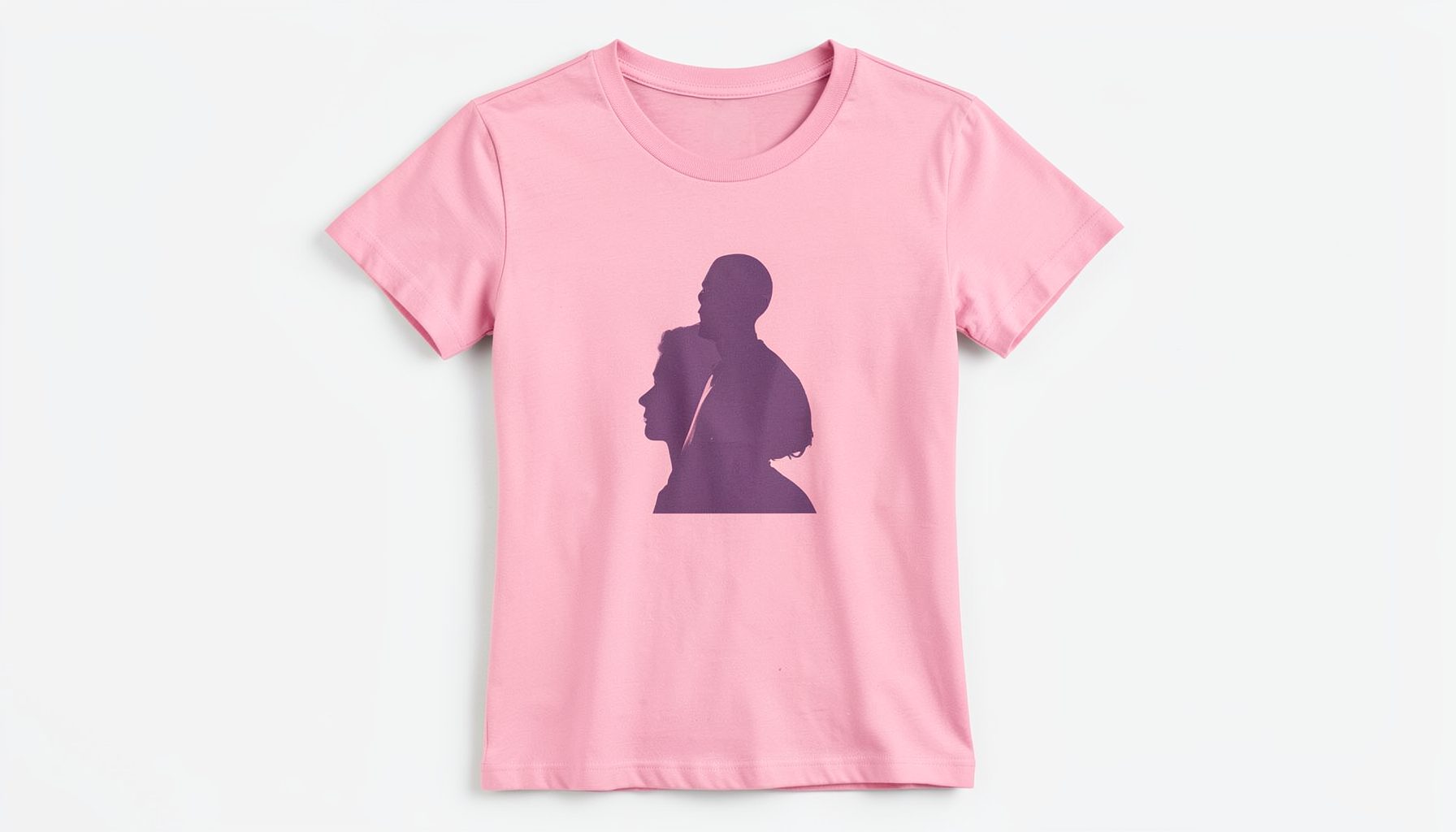 A pink women's tee with a silhouette-style graphic, modern and understated